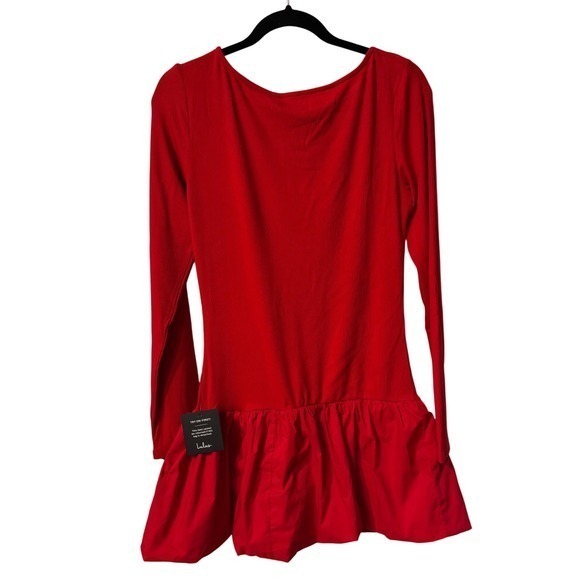 Lulus Red Mini Dress Long Sleeve Ribbed / Bubble Hem Party Cocktail Large (G) - Picture 4 of 10